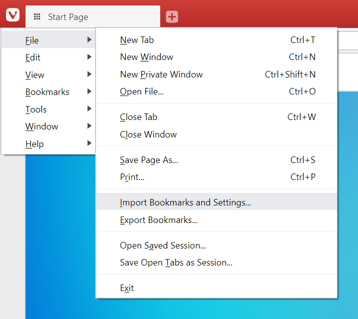 Bookmark import and export options in the menu