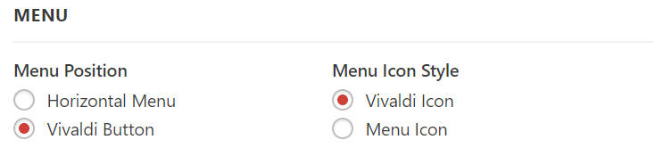 Vivaldi main menu settings