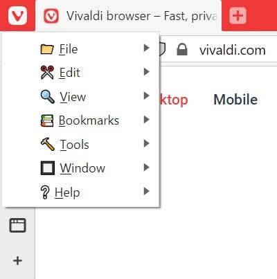 Vivaldi button menu with icons in command names