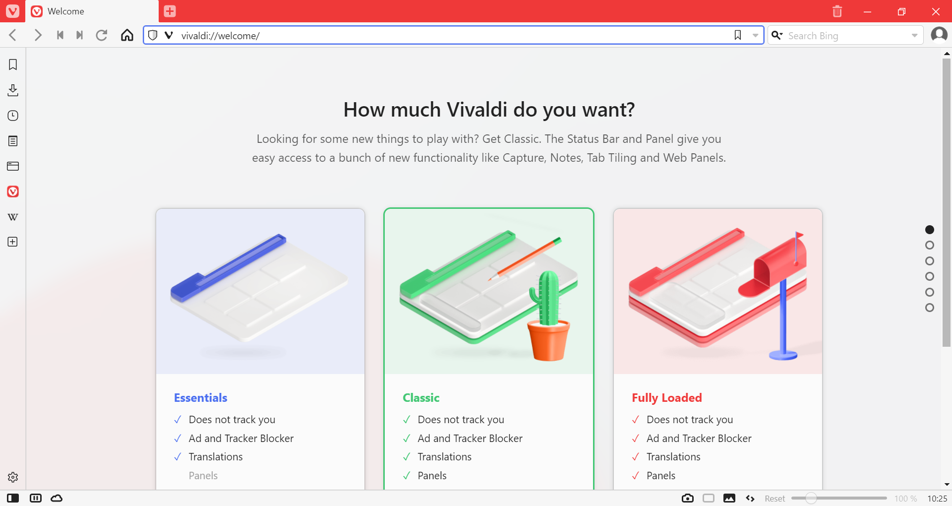 Vivaldi browser with the welcome page open