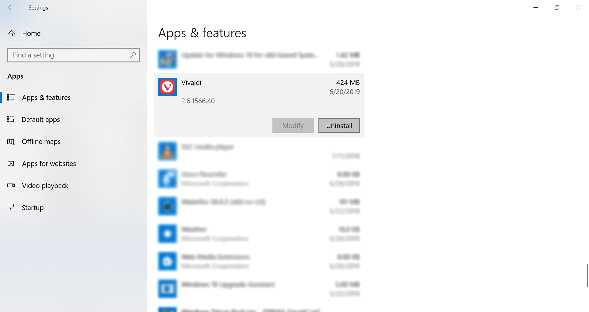 Uninstall V on Windows 10's new UI