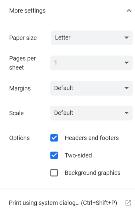 Print preview's advanced settings