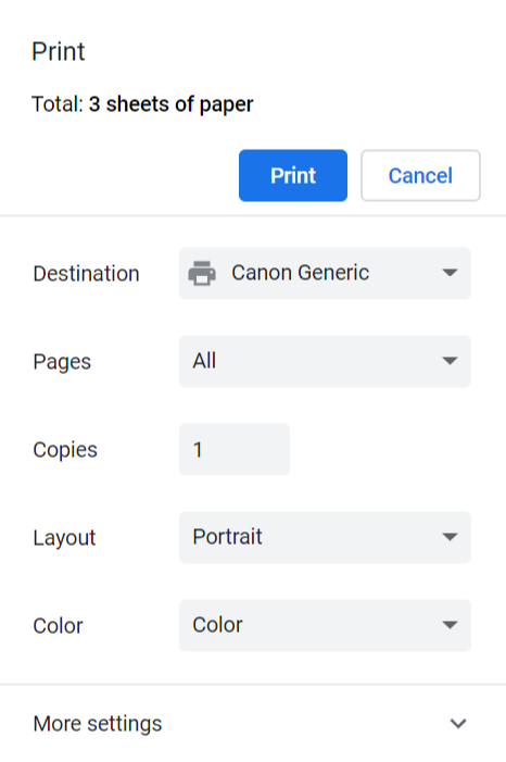 Print preview main settings