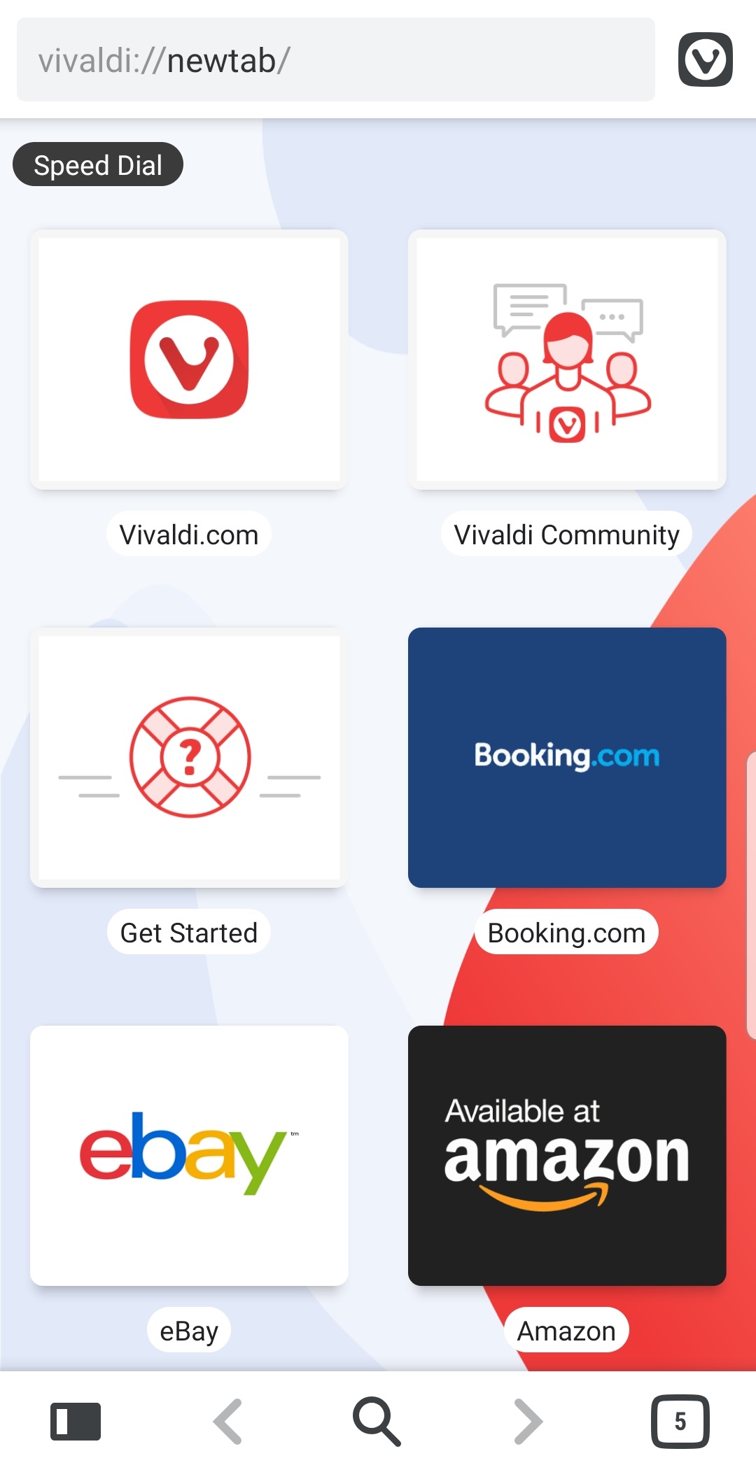 A Página Inicial do Vivaldi Android mostrando Speed Dials