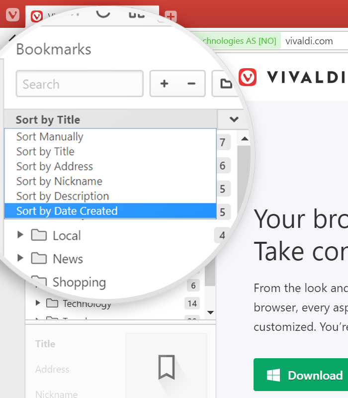 Sort menu in the bookmarks panel