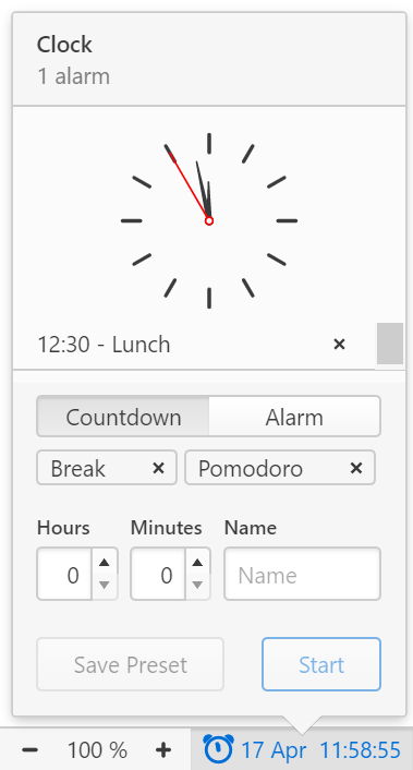 Status Bar Clock's open menu