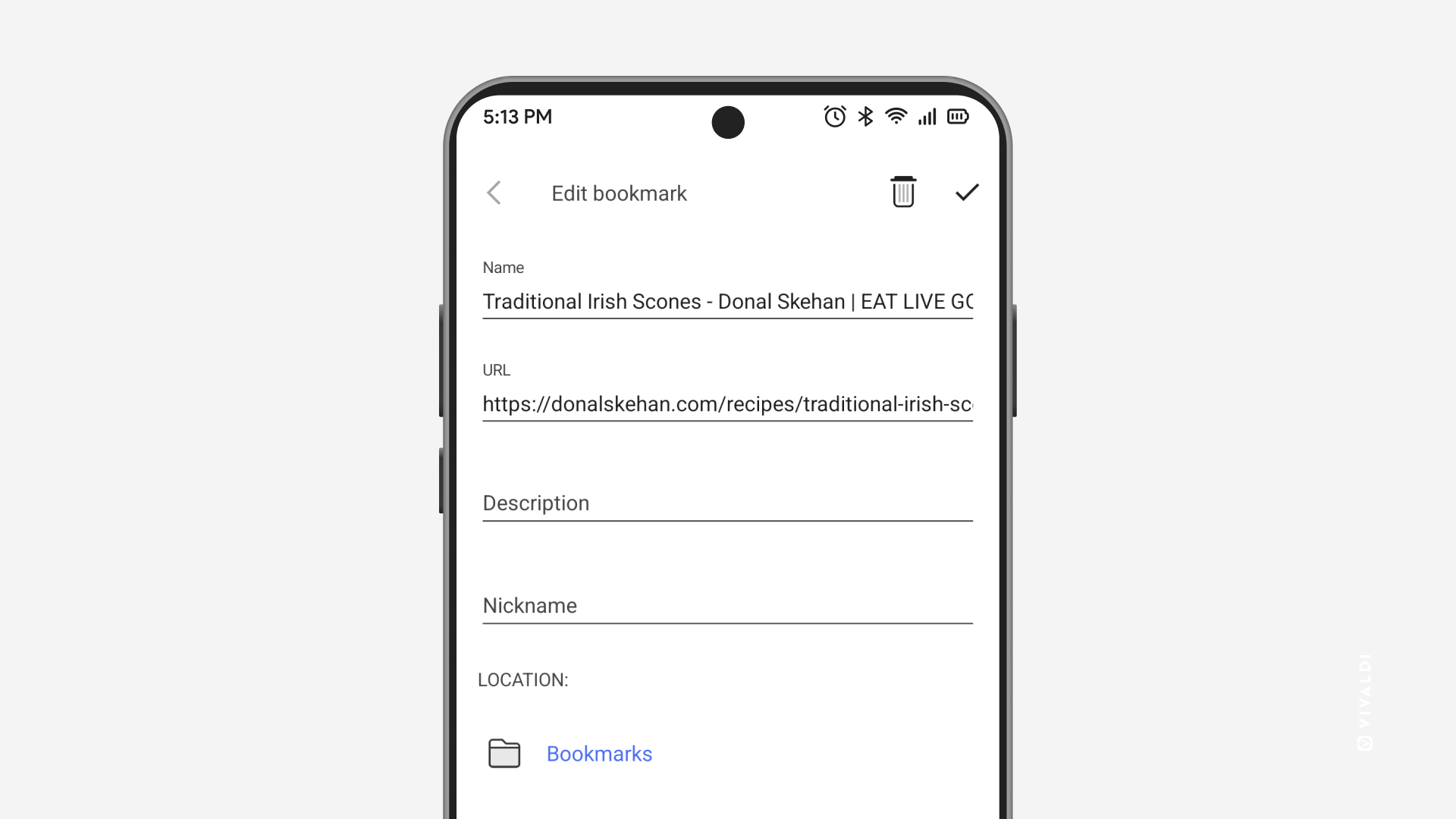 Bookmark editor open in Vivaldi on Android.