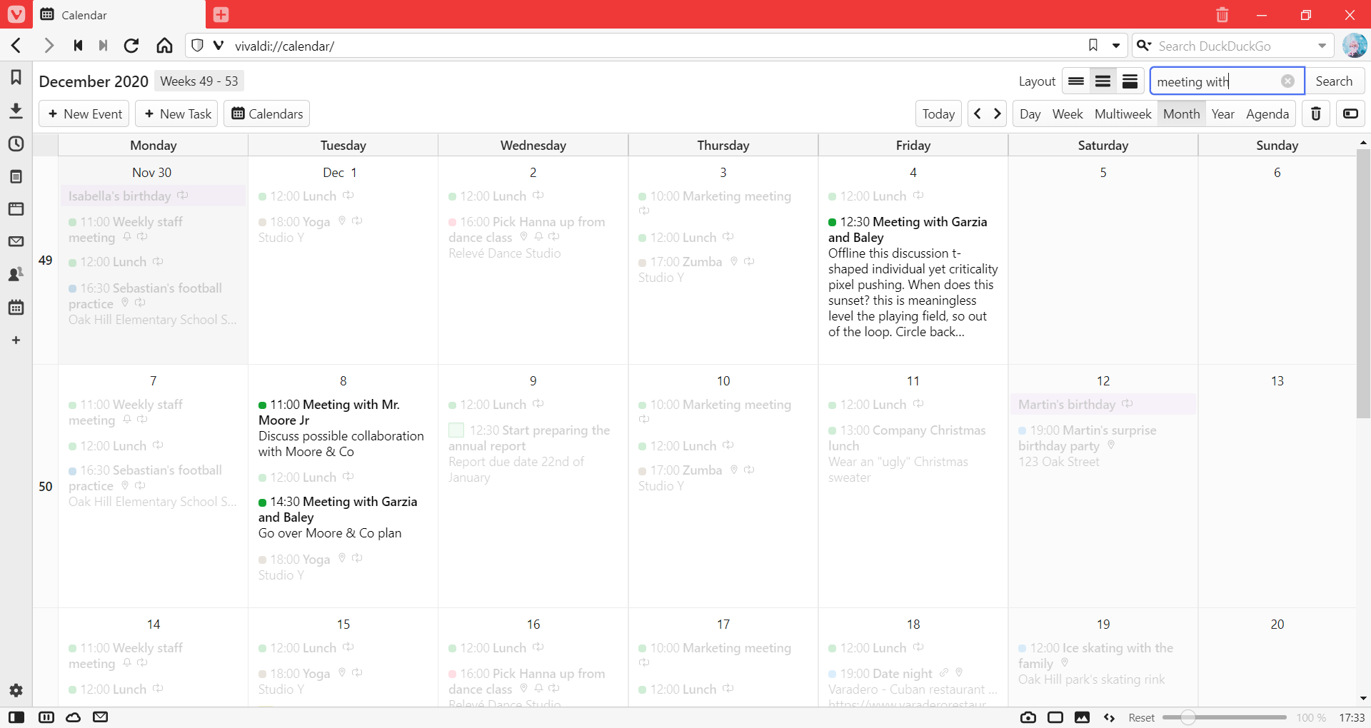 Calendar with filtered events highlighted