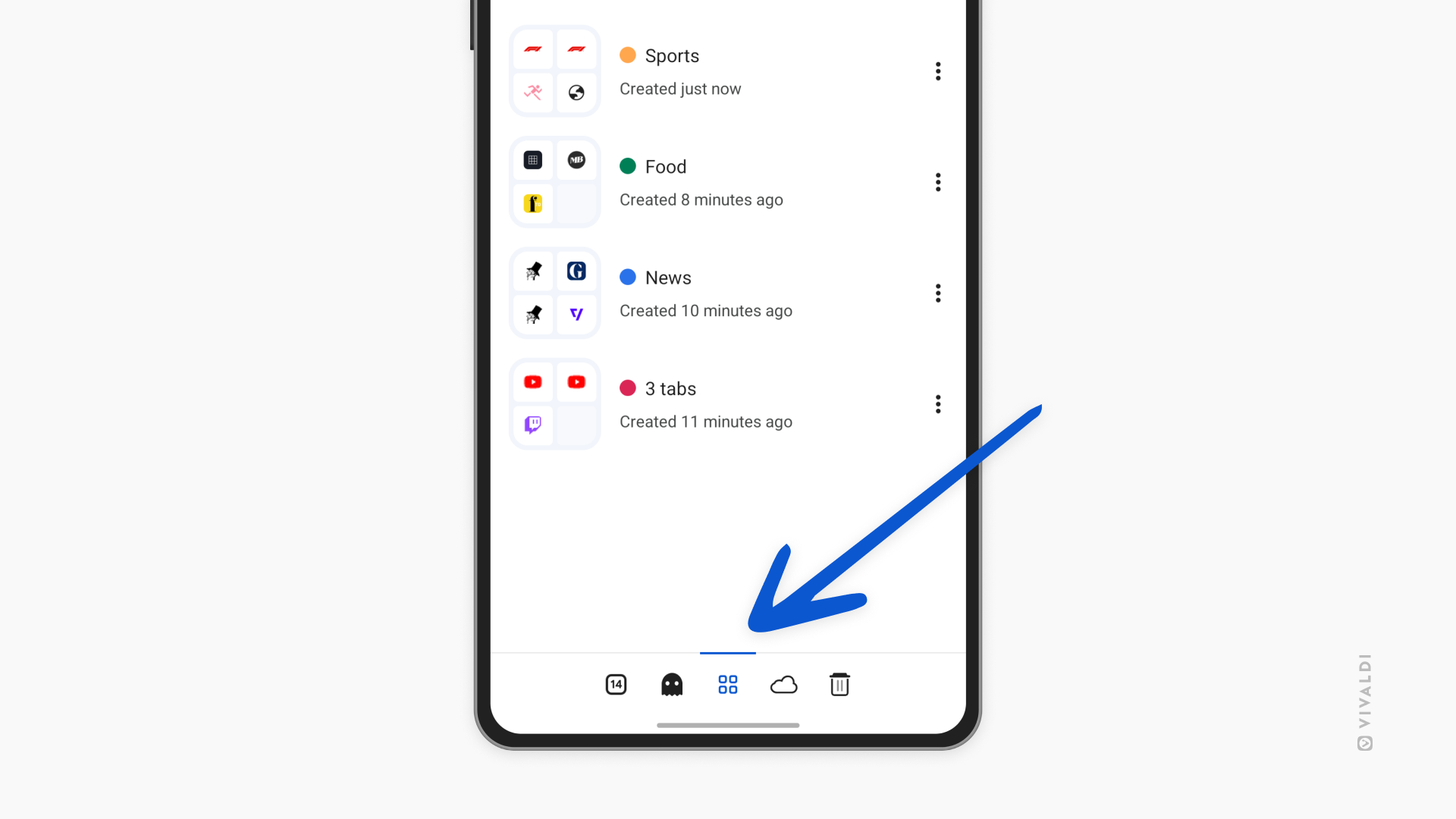 Tab Stacks Pane open in Vivaldi on Android. An arrow is pointing at the Stacked Tabs icon on the menu.