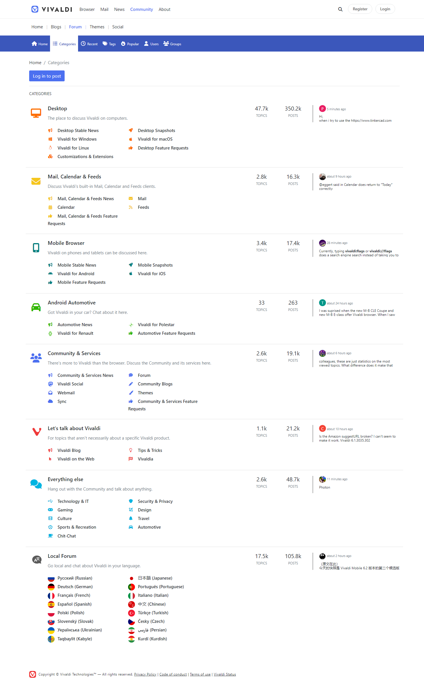 Vivaldi Forum's categories page.