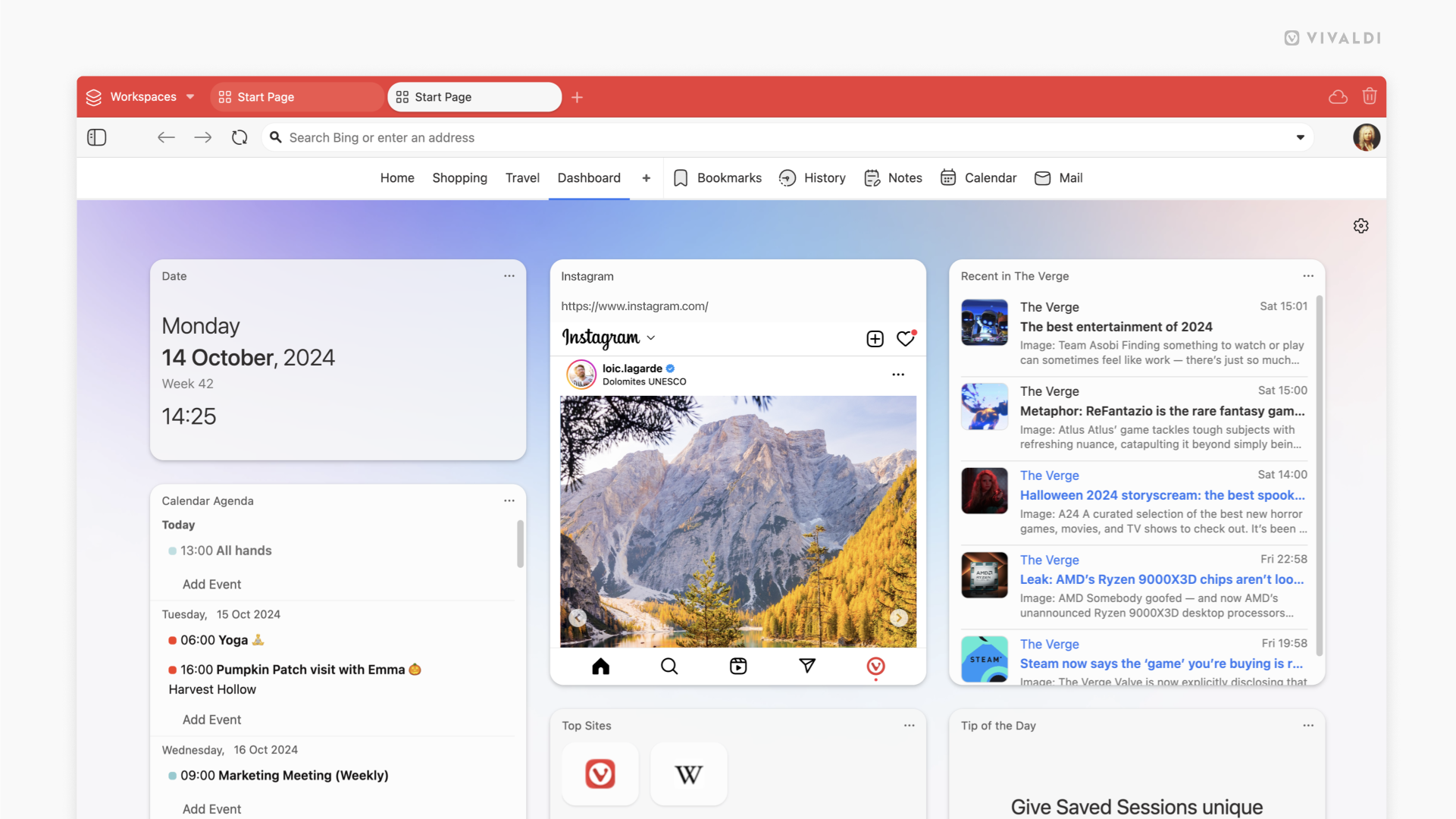 Vivaldi browser window with the Dashboard open.