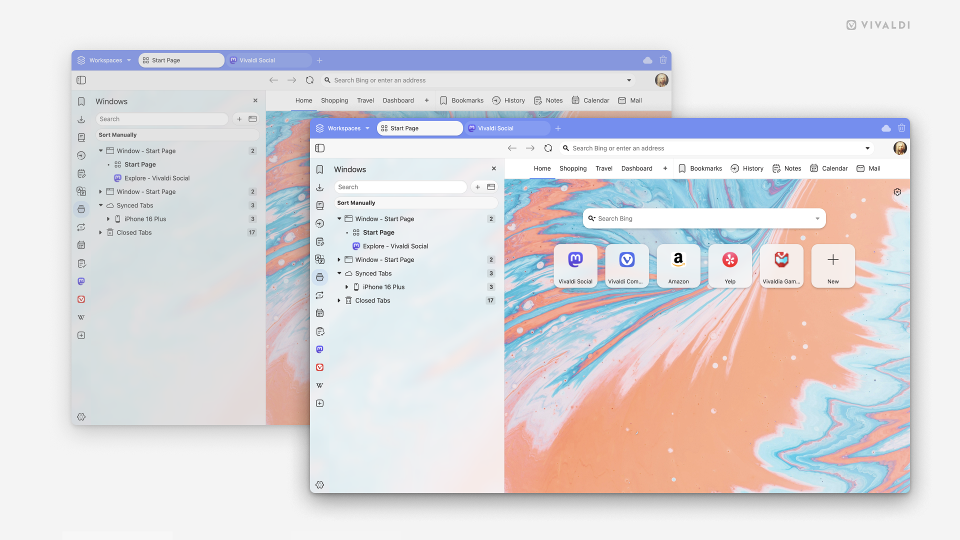 Two Vivaldi browser windows. The one in the back has a faded color scheme compared to the one in the foreground.